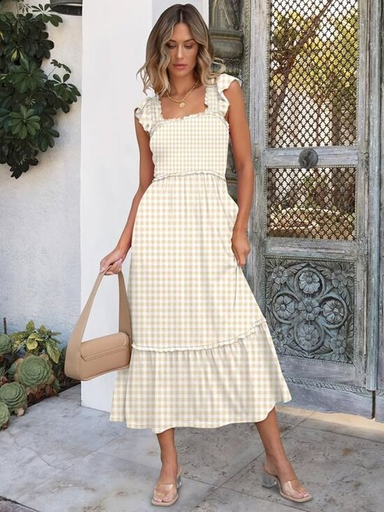 anrabess Dresses & Skirts - ANRABESS Womens Sleeveless Maxi Dress Square Neck Smocked Boho Casual Ruffle
